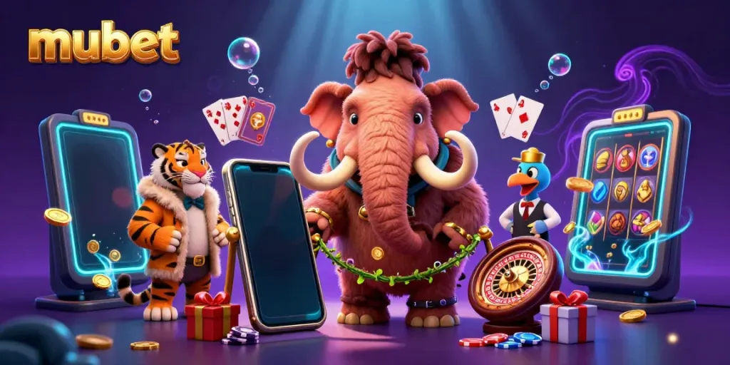 mubet illustration featuring a woolly mammoth bouncer and saber-tooth VIP in a vibrant casino scene.