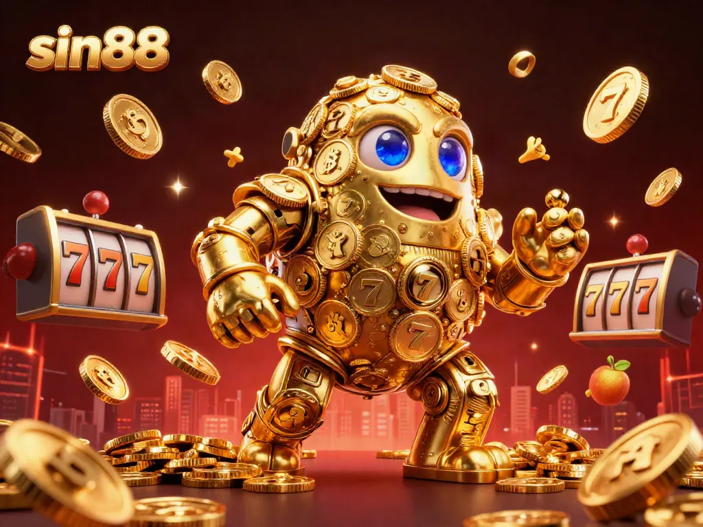 Players engage with sin88's vibrant casino games amidst a golden golem and rich slot elements.