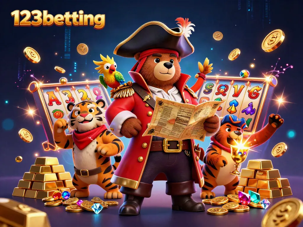 Experience the 123betting adventure with a vibrant casino-themed illustration showcasing a pirate captain bear.