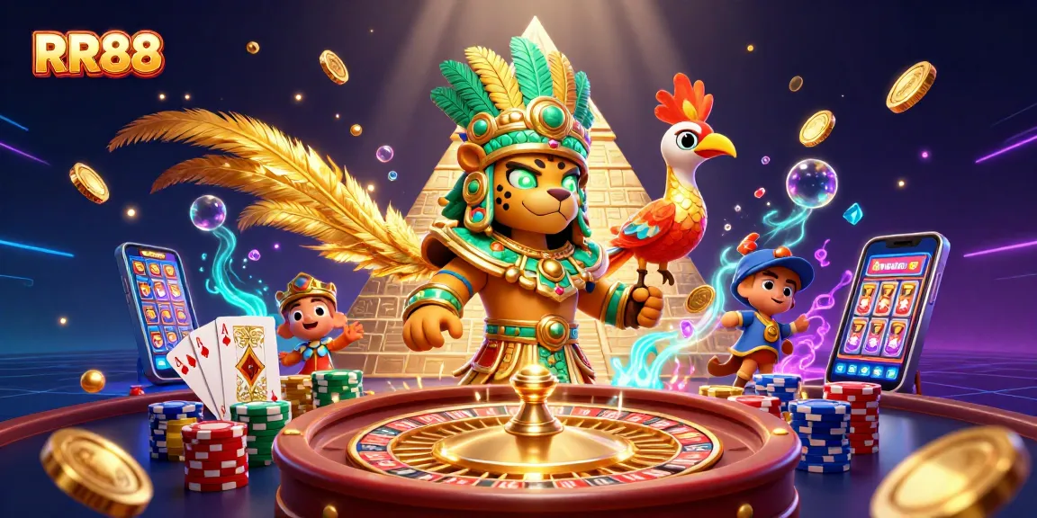 RR88 showcases an exhilarating casino scene with dynamic elements like a Mayan priest and dazzling game features.