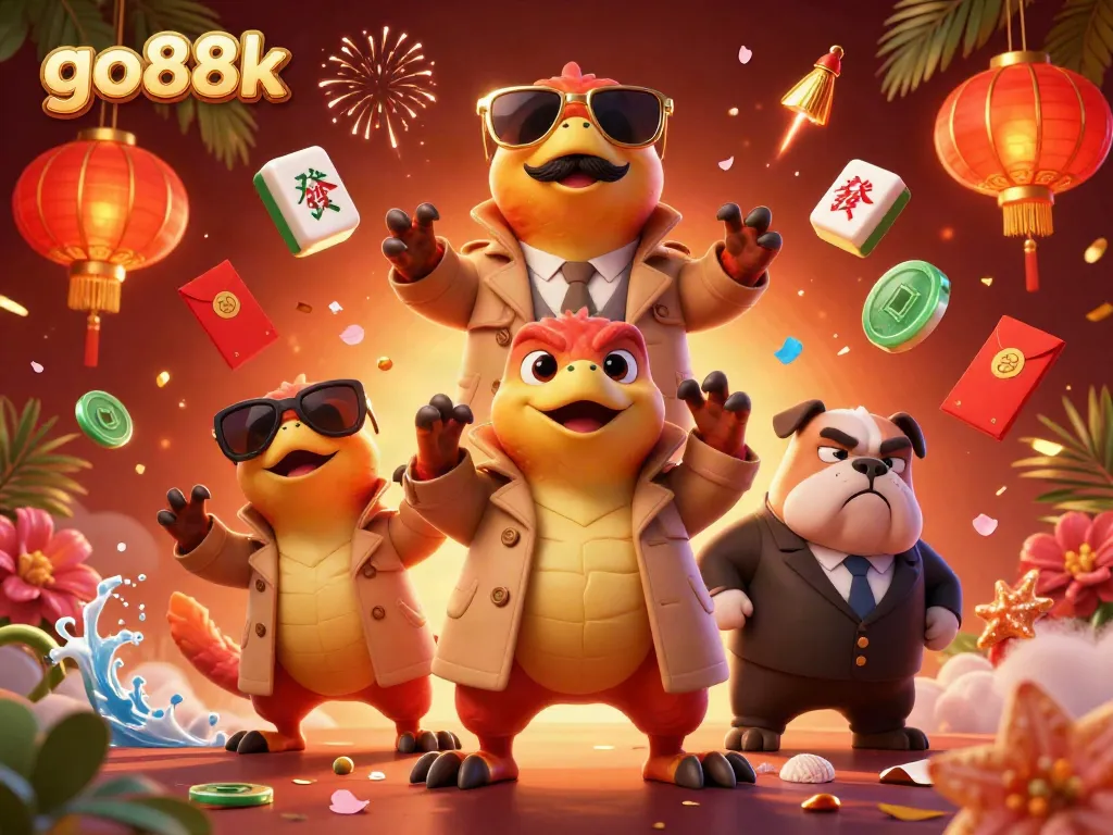 Experience go88k's vibrant casino scene with raptors in a trench coat and a suspicious bulldog bouncer.