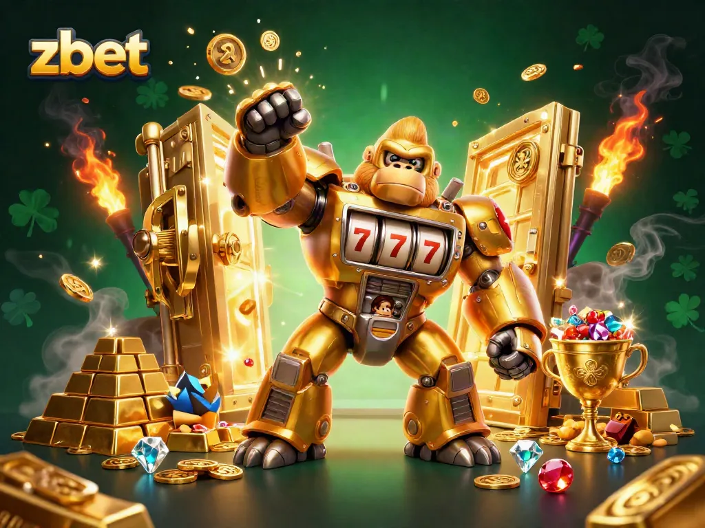 Experience the thrill of zbet with a golden mech gorilla and vibrant casino elements.