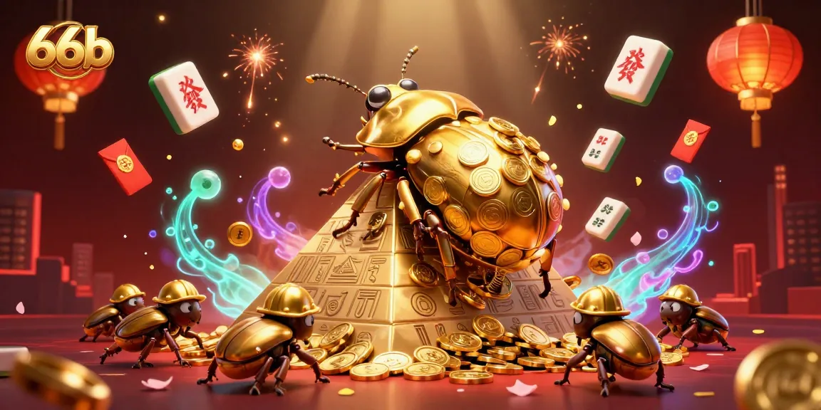 Experience lively gaming with 66b as golden beetles roll coin balls at a vibrant casino scene.