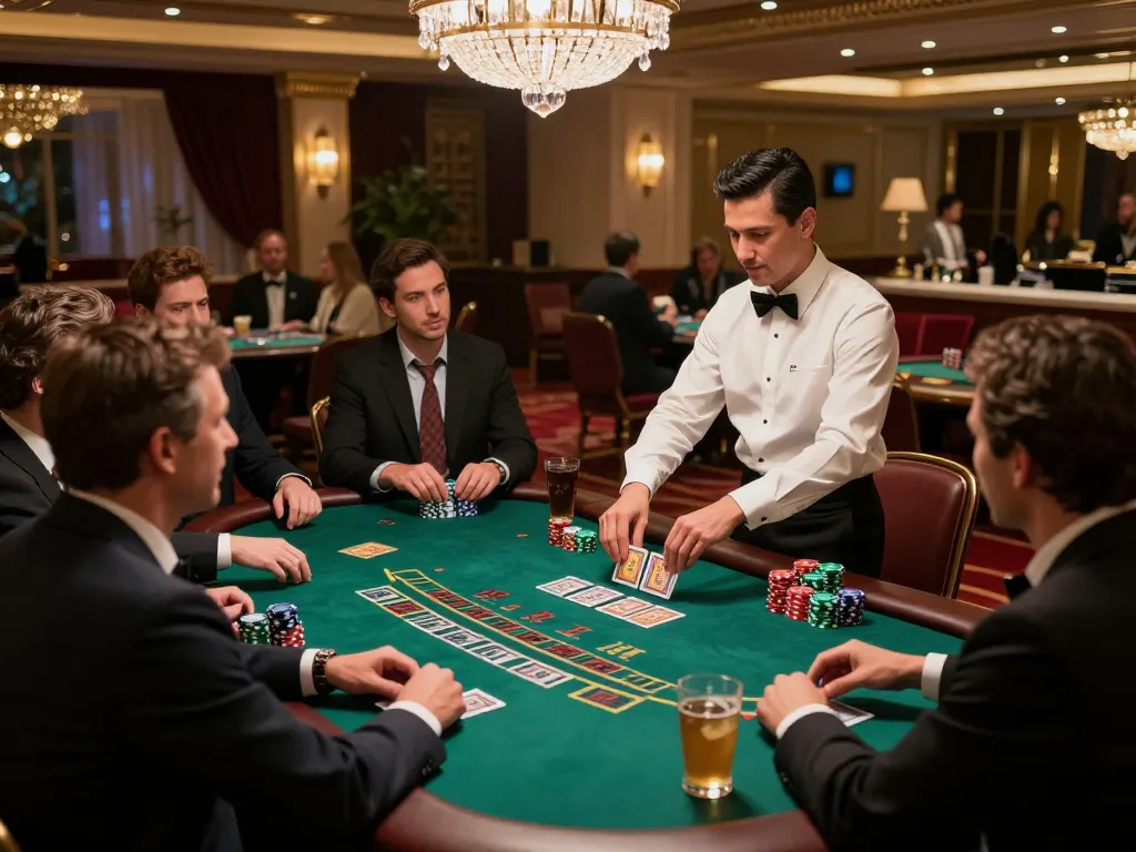 CM88 players strategizing bets at an upscale blackjack table in a luxurious casino.