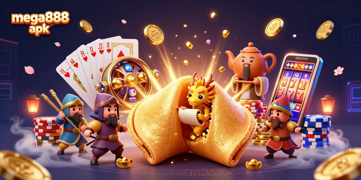 Experience the excitement of mega888 apk with vibrant 3D illustrations of slot machines and golden fortunes.