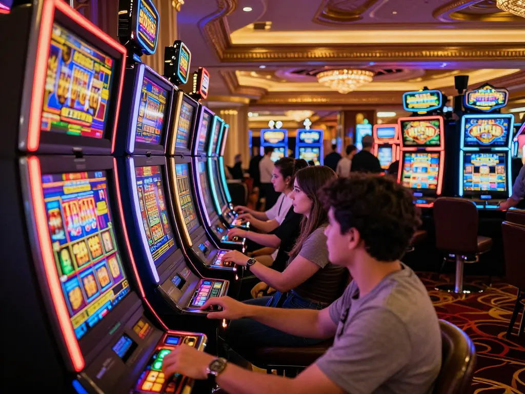Players spinning SLOT machines in a vibrant casino atmosphere, colorful neon lights and excitement displayed