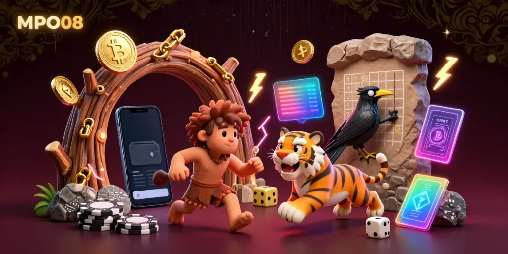 MPO08 offers a vibrant casino scene with a clever crow and playful characters immersed in thrilling gaming.