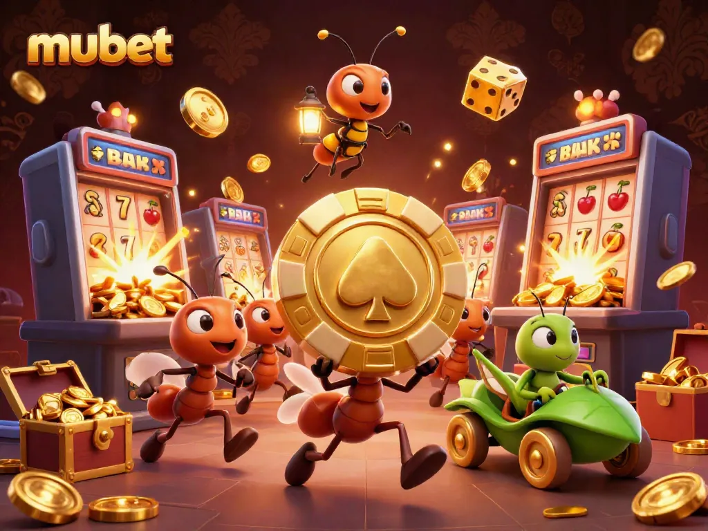 Experience the thrill of mubet with a cartoon heist scene featuring ants, firefly lookouts, and casino elements.