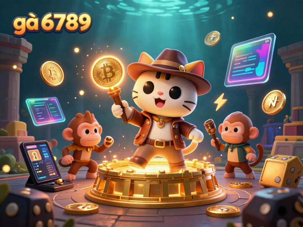 Join the thrilling action at gà 6789 with an illustrated scene of a cat archaeologist exploring a golden fighting arena.