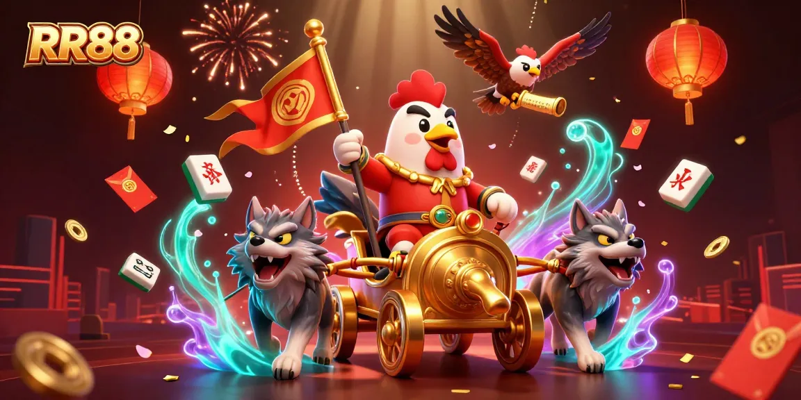 Experience the excitement of RR88 as a 3D rooster warlord commands a gaming scene filled with vibrant elements.