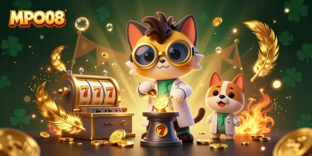 Engage with the MPO08 gaming experience featuring a cat scientist and dog assistant creating winning strategies.