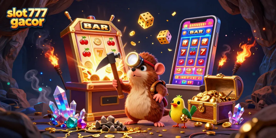 Engaging scene with a treasure hunter mole and canary depicting slot 777 gacor features, bursting jackpot elements.