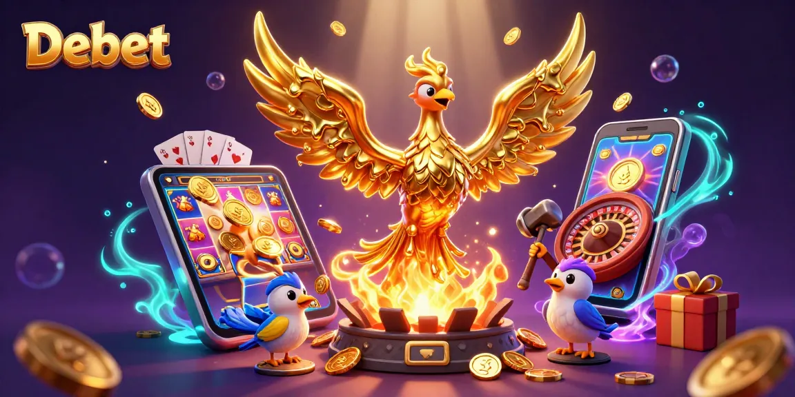 Spin to win with Debet's vibrant casino iconography featuring a golden phoenix and lively game elements.