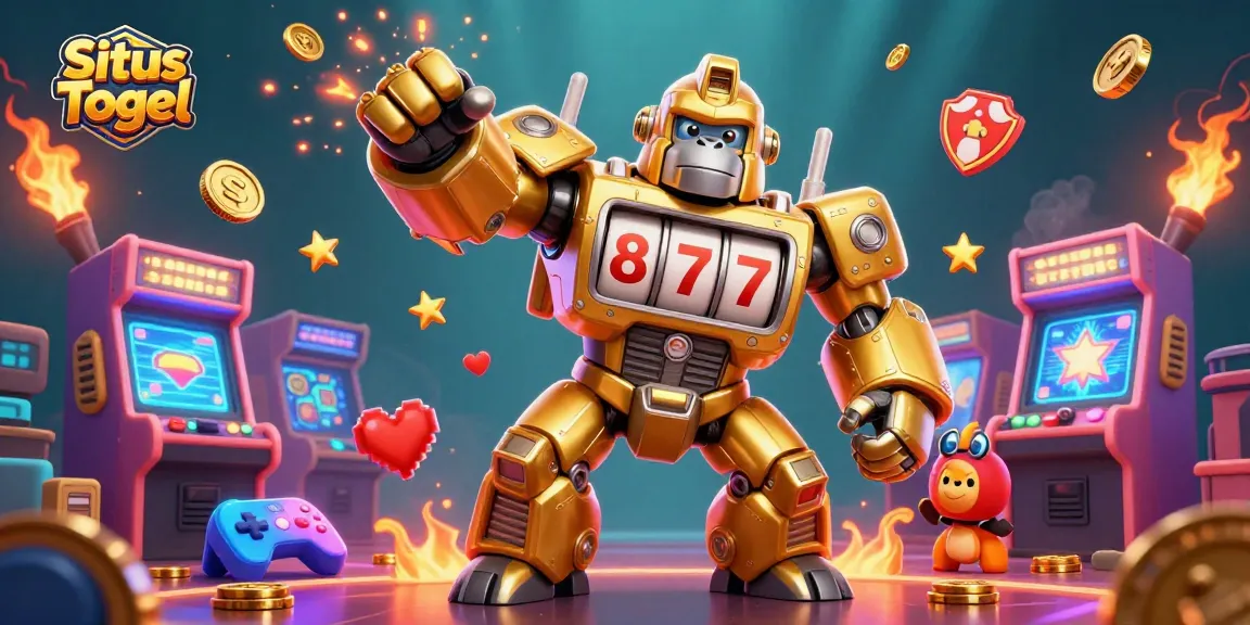 Engaging visual showcasing Situs Togel with a golden gorilla mech and vibrant casino game elements.