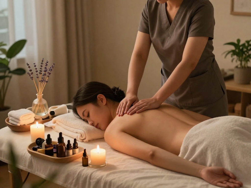 Providing a soothing 용인출장마사지 in a cozy home setting with ambient lighting, candles, and essential oils.