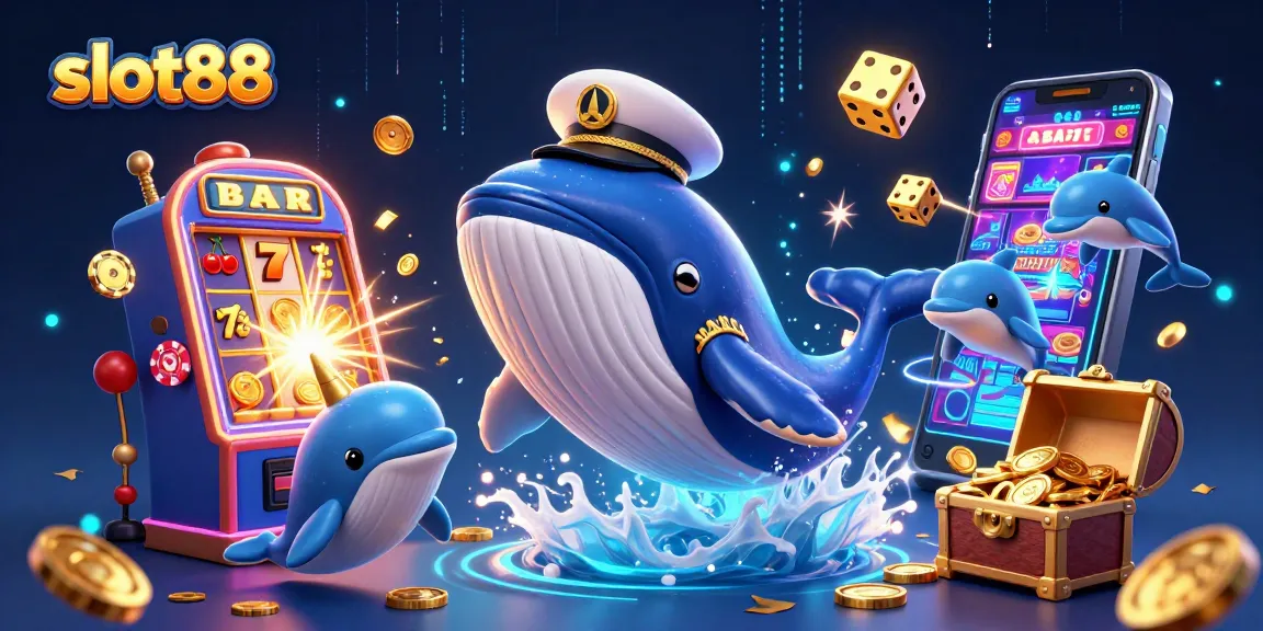 Experience the thrill of slot88 with vibrant whales, coins, and dynamic casino elements.