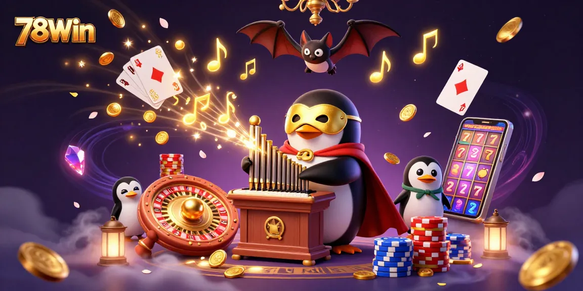 Experience the excitement of 78Win with animated characters and golden casino elements.