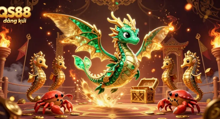 Experience the thrill of QS88 đăng ký with vibrant gaming elements and enchanting treasure backgrounds.