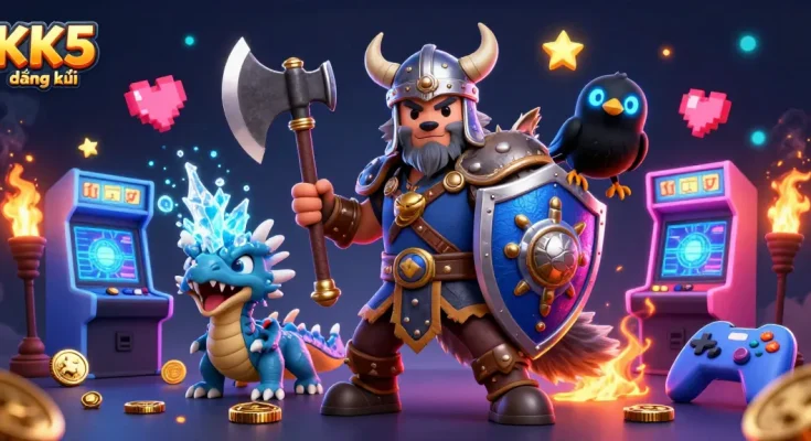 Experience the excitement of KK5 đăng ký with a Viking warrior, fierce dragon, and arcade elements.