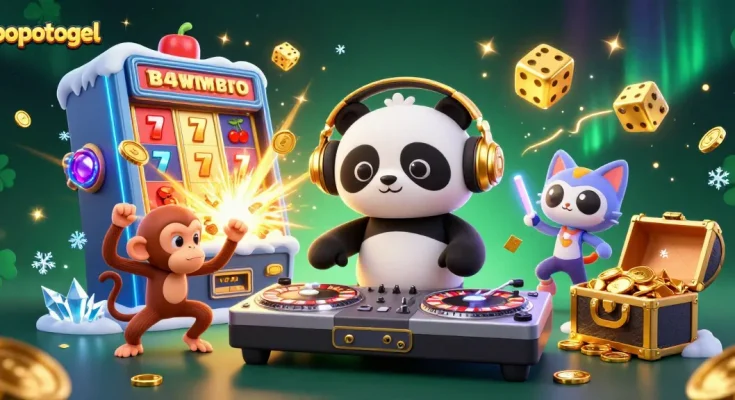 Experience the thrill of popotogel with this vibrant 3D casino scene featuring animated characters and slot elements.