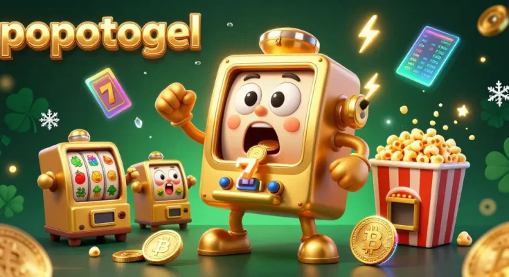 popotogel slot machine hitting a jackpot with coins pouring out, amidst cheering machines and crypto coins.