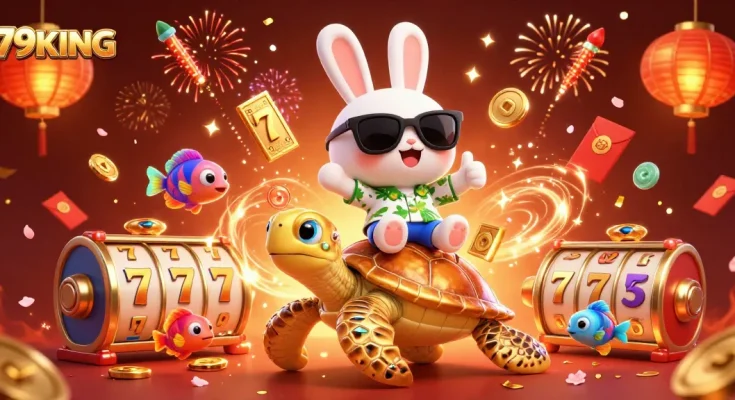 Experience exhilaration with 79KING as a lucky rabbit and golden turtle celebrate amidst vibrant casino elements.