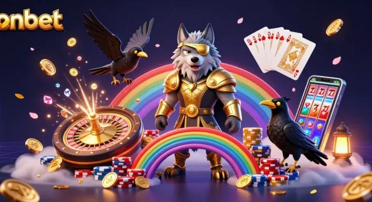 Experience thrilling gaming at onbet with Odin and ravens against a vibrant casino backdrop.