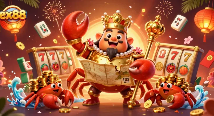 Experience winning at ex88 with a golden crab emperor in a vibrant casino scene filled with jackpot elements.