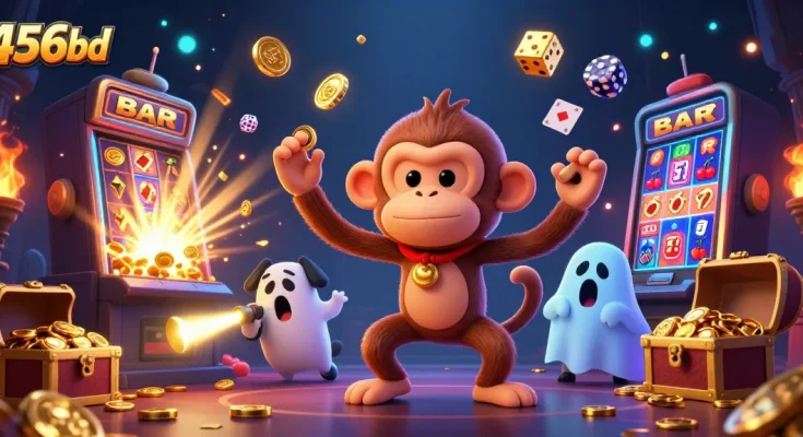 Experience the thrill of 456bd with a lively casino scene featuring a playful poltergeist and a brave puppy!
