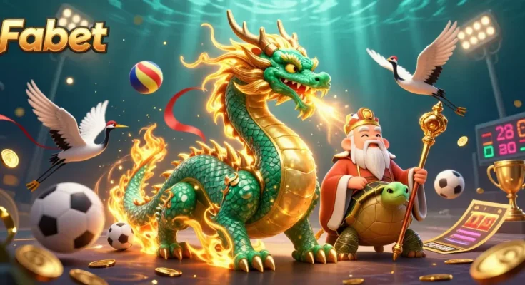 Experience the thrill of betting with Fabet’s dynamic casino scene featuring a dragon and turtle sage.