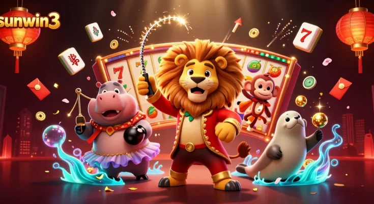 Experience excitement at sunwin3 with a colorful illustration combining animated characters and casino elements.