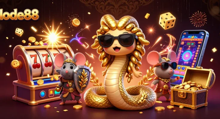 Lode88 casino illustration showing a playful Medusa and warrior mouse, with slot machines and golden elements highlighting gaming excitement.