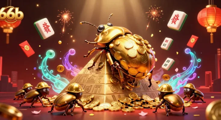 Experience lively gaming with 66b as golden beetles roll coin balls at a vibrant casino scene.