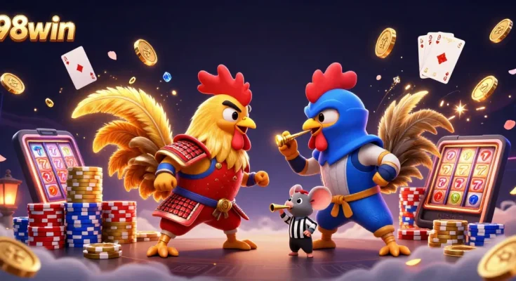 Engage in thrilling action with 98win as cartoon roosters duel, amid sparkling casino elements.
