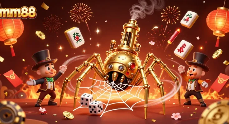 Engage with the mm88 gaming universe featuring a steampunk spider and festive elements