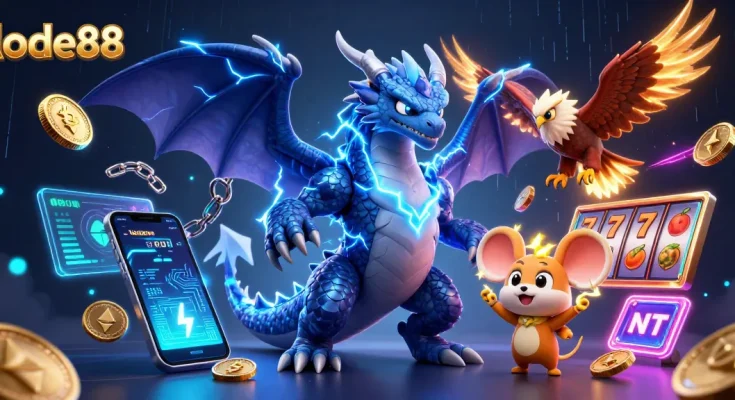 Engage with thrilling lode88 slots in a vibrant scene featuring a thunder dragon and crypto elements.