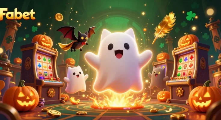 Engage with Fabet in a lively casino scene featuring a ghost cat and vampire bat amidst glowing jack-o-lanterns and vibrant gaming elements.