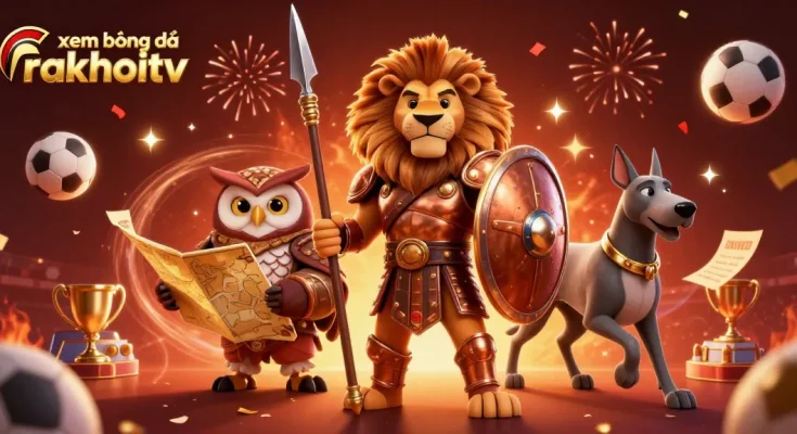 Experience xem bóng đá rakhoitv with vibrant characters and sports-themed elements in a dynamic 3D illustration.