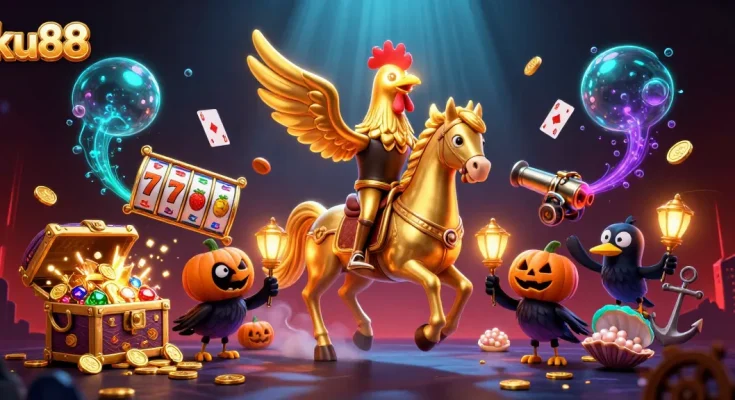 ku88 casino scene showcasing a golden rooster headless horseman with vibrant slot reels and treasure
