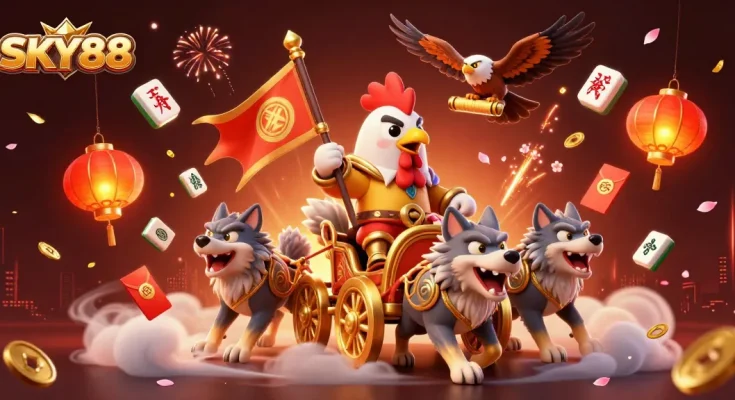 SKY88 offers thrilling gambling adventures with a cartoon rooster warlord leading the charge amidst festive symbols.