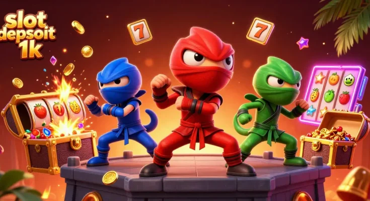 Engage with the vibrant world of slot depsoit 1k featuring a ninja chameleon team amidst lively casino elements.