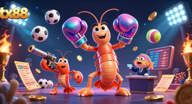 Engage in dynamic gambling action with tx88, featuring vibrant 3D characters, sports elements, and energetic visuals.