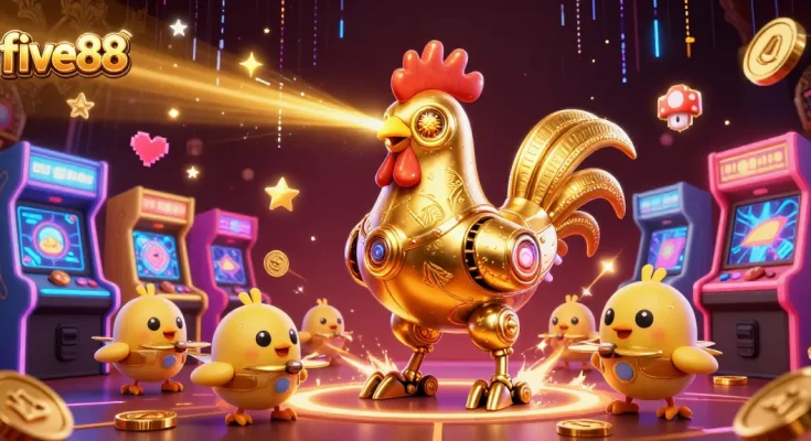 Engage with five88's vibrant casino scene showcasing a golden rooster robot and arcade games.