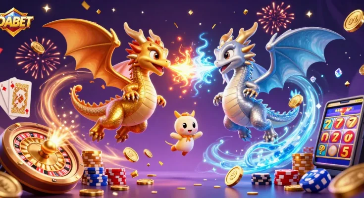 DABET offers a vibrant 3D casino scene with dragons breathing fire and ice, showcasing dynamic gaming elements.