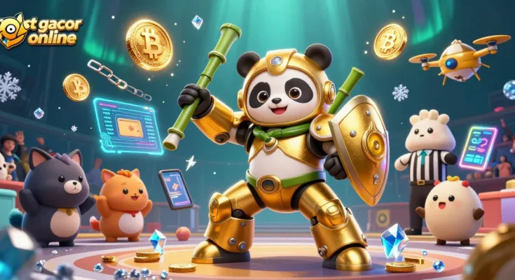 Experience thrilling wins at slot gacor online with energetic panda pilots in a colorful casino backdrop.