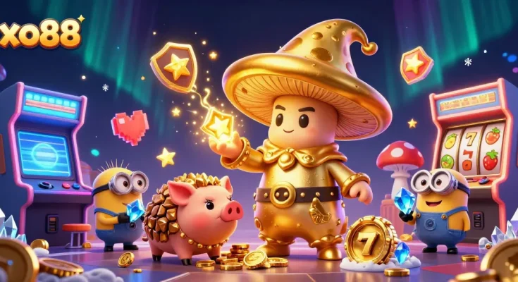 Experience the magic of winning with xo88, showcasing a golden mushroom wizard and gaming elements.