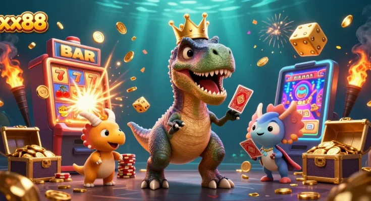 Experience the thrill of xx88 casinos with a fun T-Rex shuffling cards and winning big!
