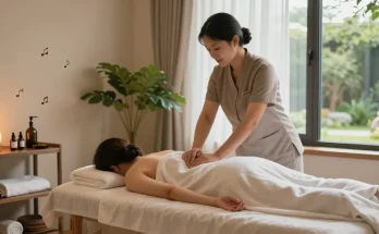 Relaxing 김포출장마사지 session in a tranquil spa environment with warm lighting and soothing atmosphere.