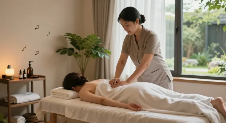 Relaxing 김포출장마사지 session in a tranquil spa environment with warm lighting and soothing atmosphere.