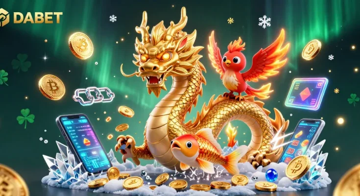 DABET offers a vibrant casino experience featuring a golden dragon, phoenix, and koi fish amidst coins and crypto elements.